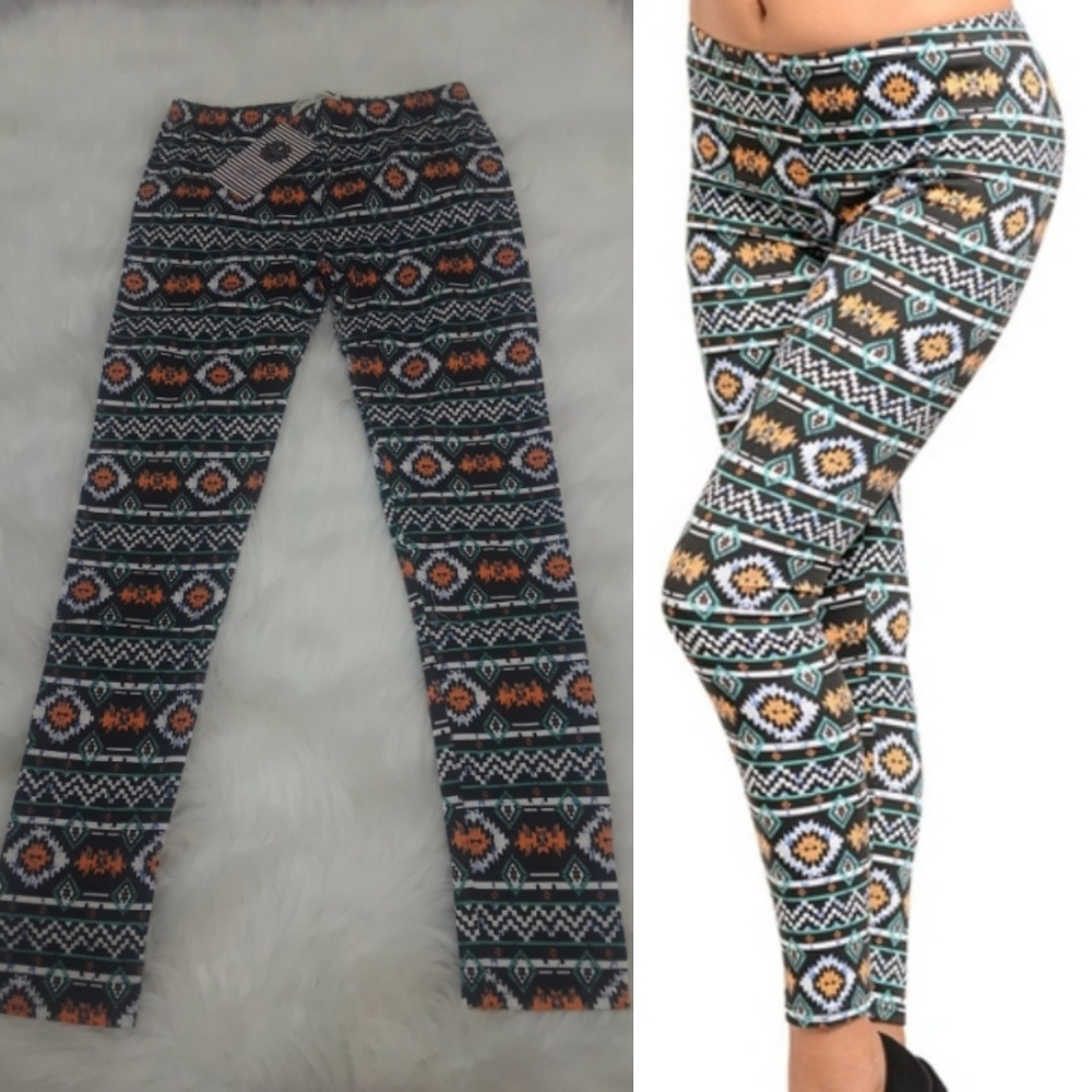 Aztec Black Mint Orange Pattern print Leggings - Picture 2 of 7